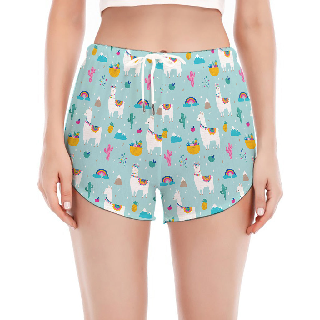 Happy Llama And Cactus Pattern Print Women's Split Running Shorts