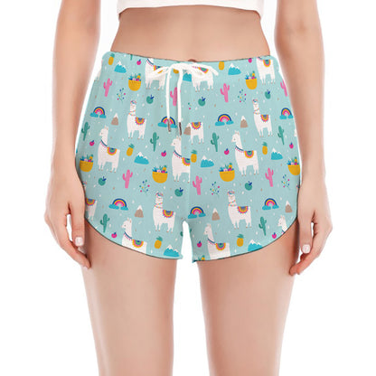 Happy Llama And Cactus Pattern Print Women's Split Running Shorts