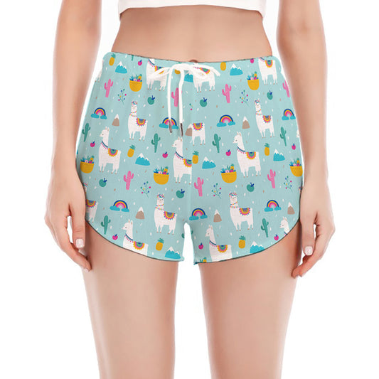 Happy Llama And Cactus Pattern Print Women's Split Running Shorts