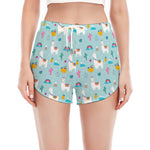 Happy Llama And Cactus Pattern Print Women's Split Running Shorts