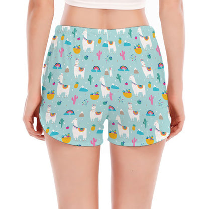 Happy Llama And Cactus Pattern Print Women's Split Running Shorts