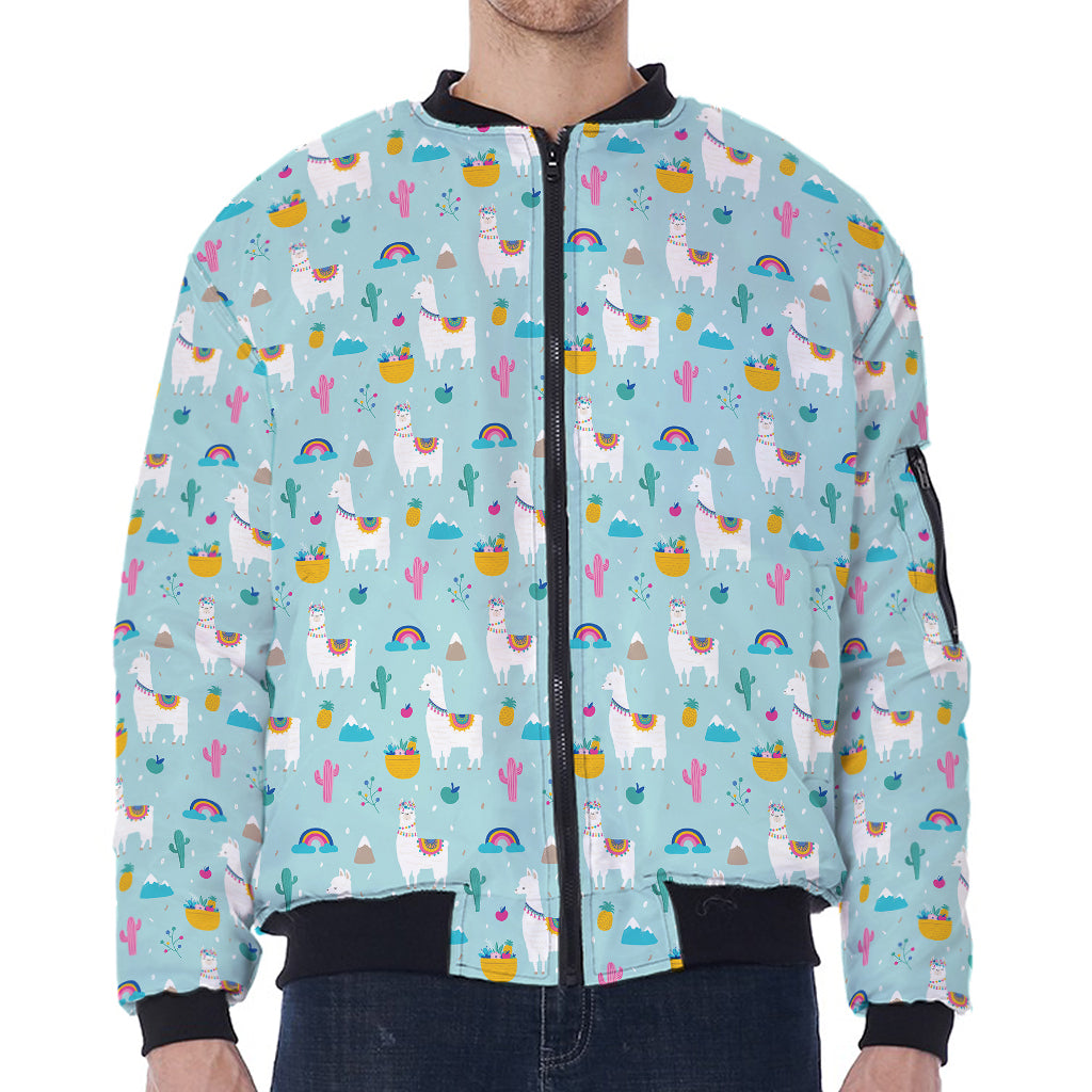 Happy Llama And Cactus Pattern Print Zip Sleeve Bomber Jacket
