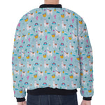Happy Llama And Cactus Pattern Print Zip Sleeve Bomber Jacket
