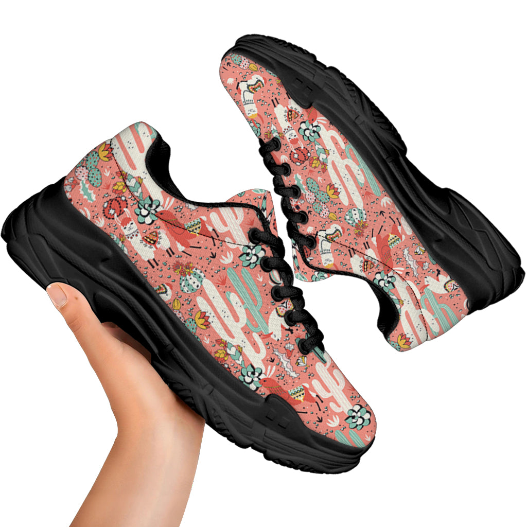Happy Llama Pattern Print Black Chunky Shoes
