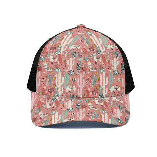 Happy Llama Pattern Print Black Mesh Trucker Cap