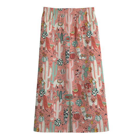 Happy Llama Pattern Print Cotton Front Slit Maxi Skirt