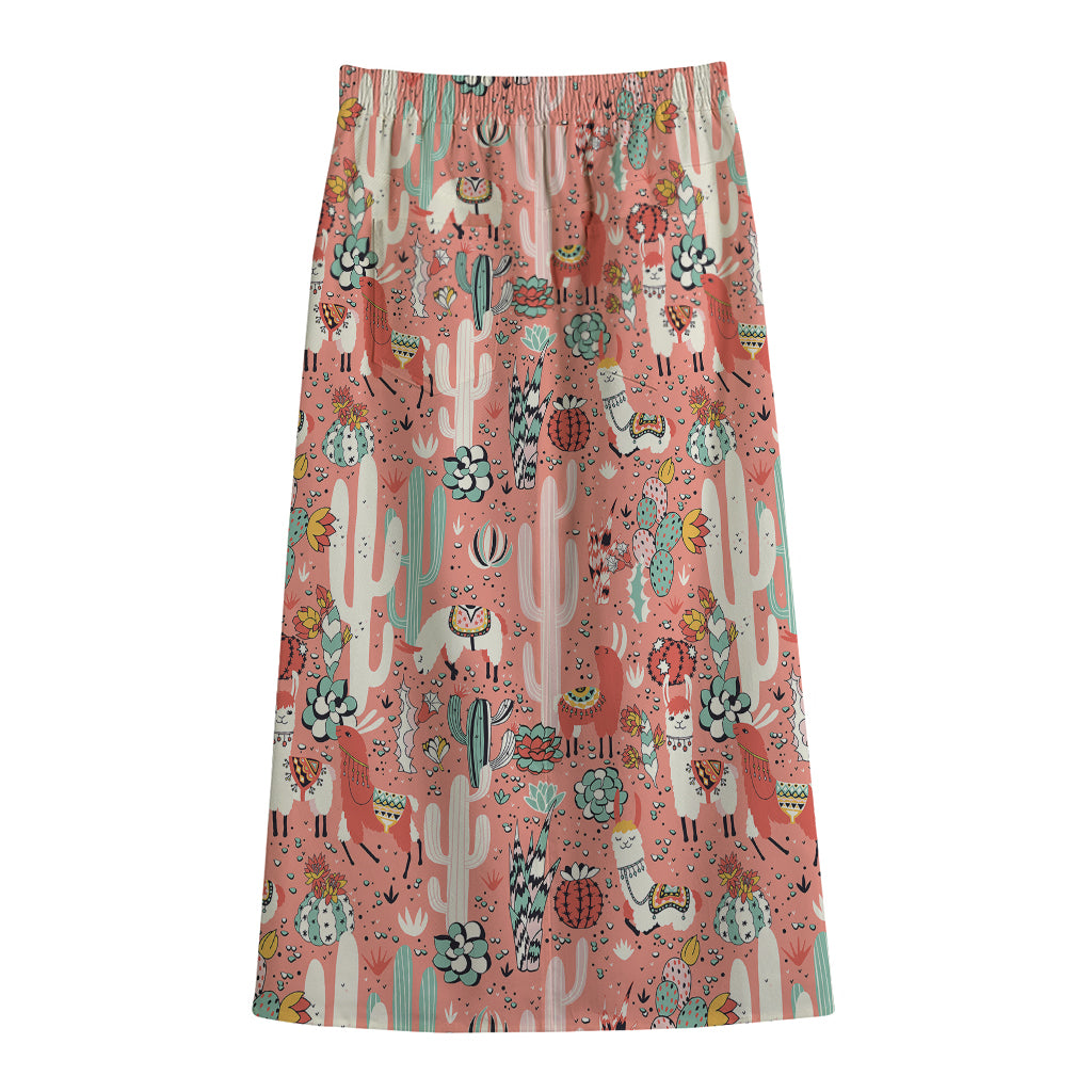 Happy Llama Pattern Print Cotton Front Slit Maxi Skirt