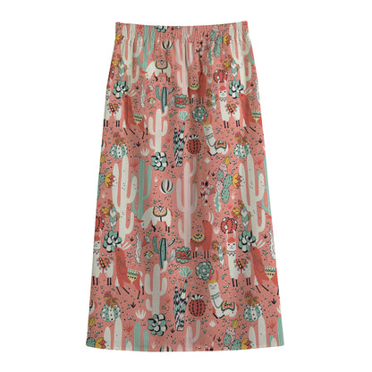Happy Llama Pattern Print Cotton Front Slit Maxi Skirt