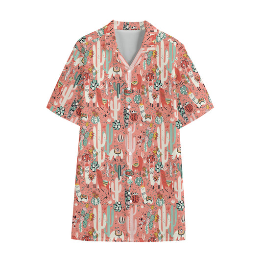 Happy Llama Pattern Print Cotton Hawaiian Shirt