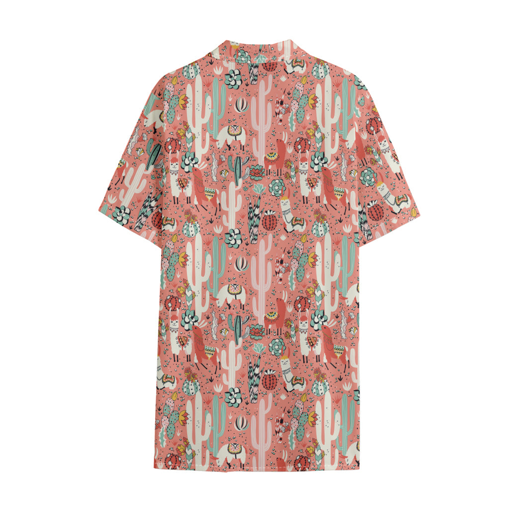 Happy Llama Pattern Print Cotton Hawaiian Shirt