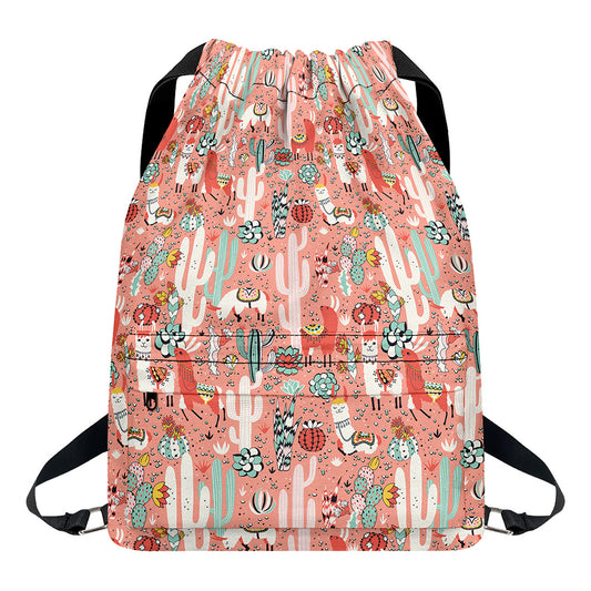 Happy Llama Pattern Print Drawstring Backpack