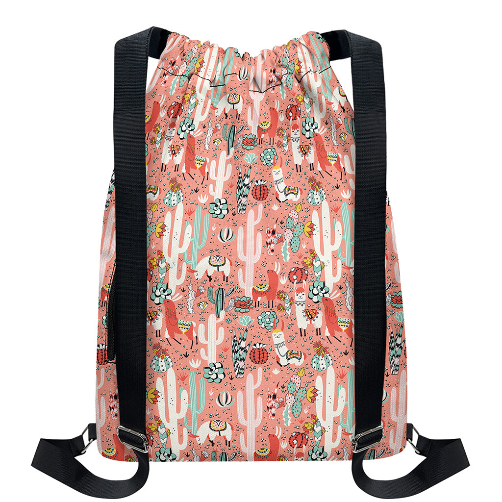 Happy Llama Pattern Print Drawstring Backpack