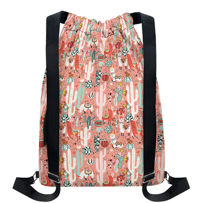 Happy Llama Pattern Print Drawstring Backpack