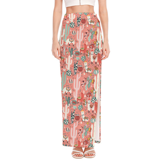 Happy Llama Pattern Print High Slit Maxi Skirt