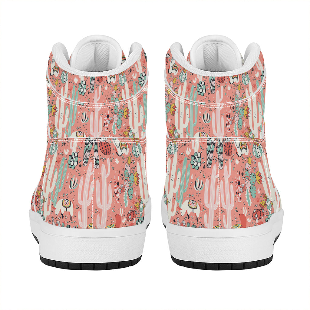 Happy Llama Pattern Print High Top Leather Sneakers