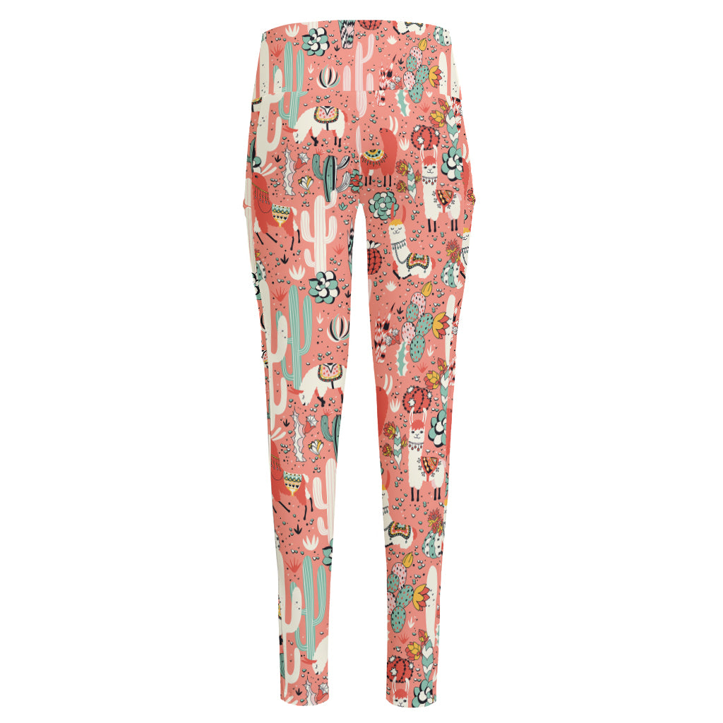 Happy Llama Pattern Print High-Waisted Pocket Leggings