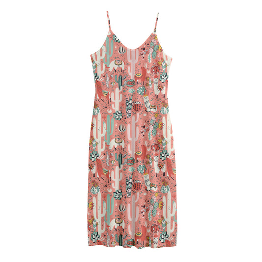 Happy Llama Pattern Print Jersey Midi Cami Dress