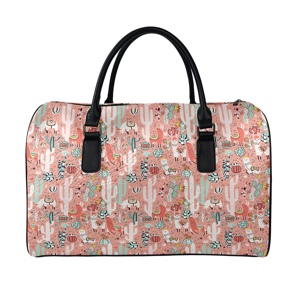 Happy Llama Pattern Print Leather Duffle Bag