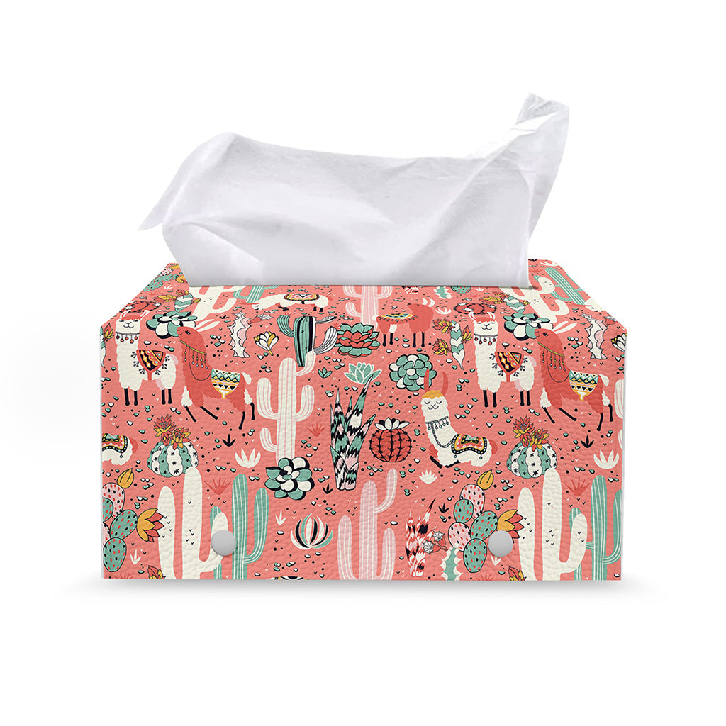 Happy Llama Pattern Print Leather Tissue Box Cover