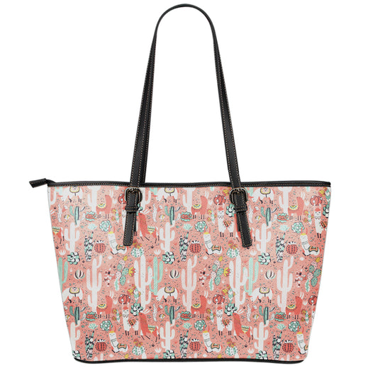 Happy Llama Pattern Print Leather Tote Bag