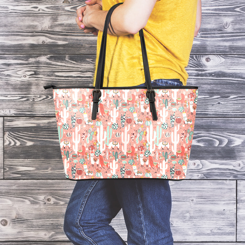 Happy Llama Pattern Print Leather Tote Bag