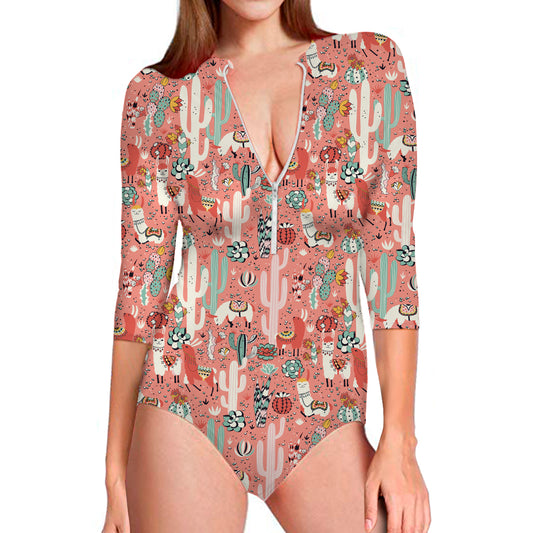 Happy Llama Pattern Print Long Sleeve Swimsuit