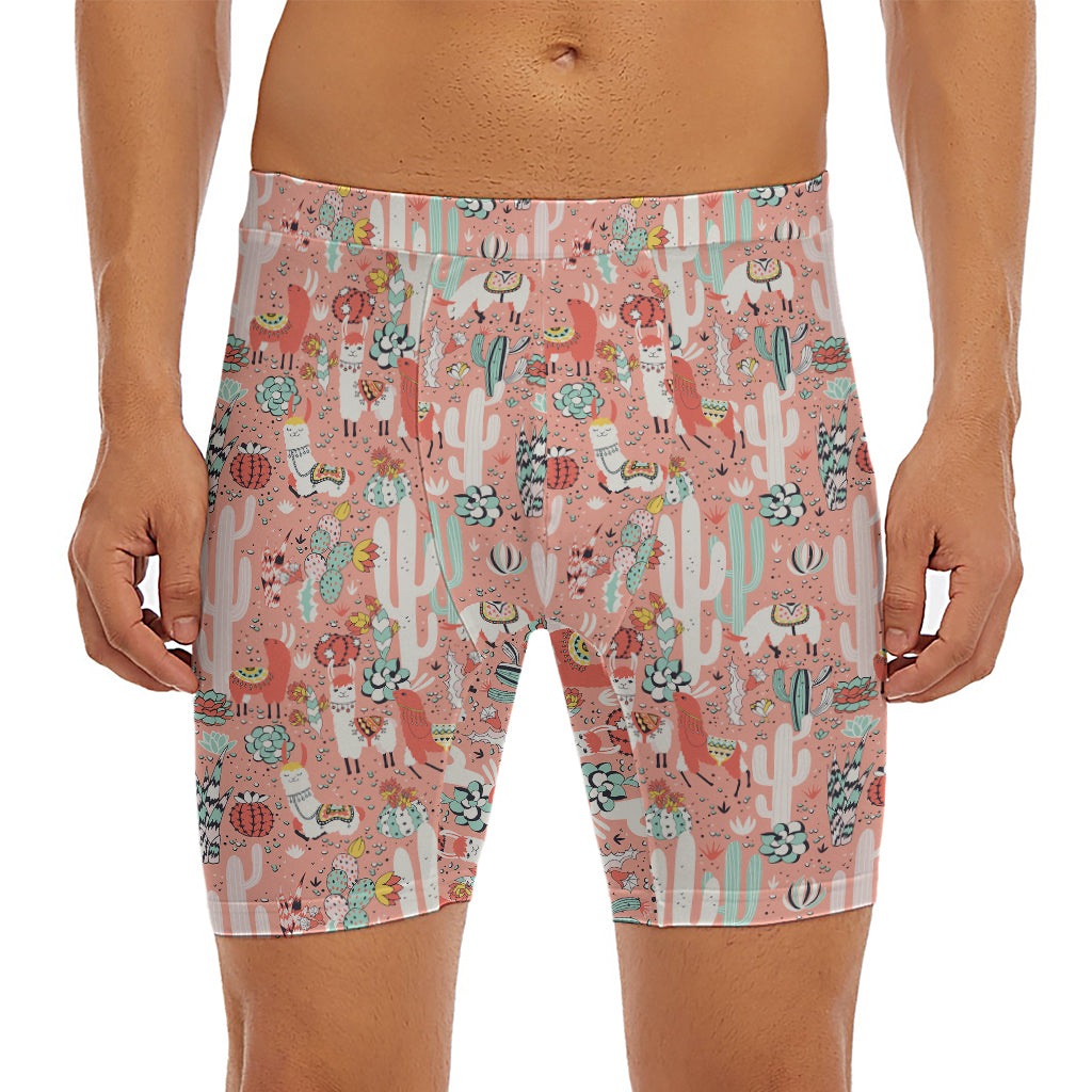 Happy Llama Pattern Print Men's Long Boxer Briefs
