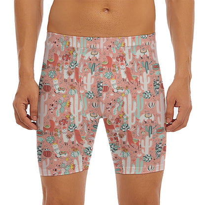 Happy Llama Pattern Print Men's Long Boxer Briefs