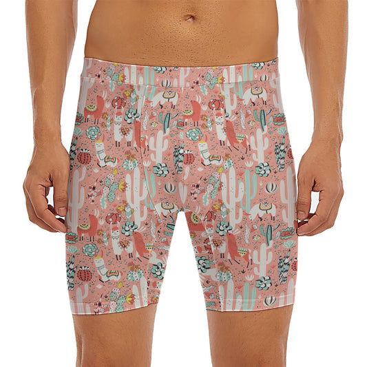 Happy Llama Pattern Print Men's Long Boxer Briefs