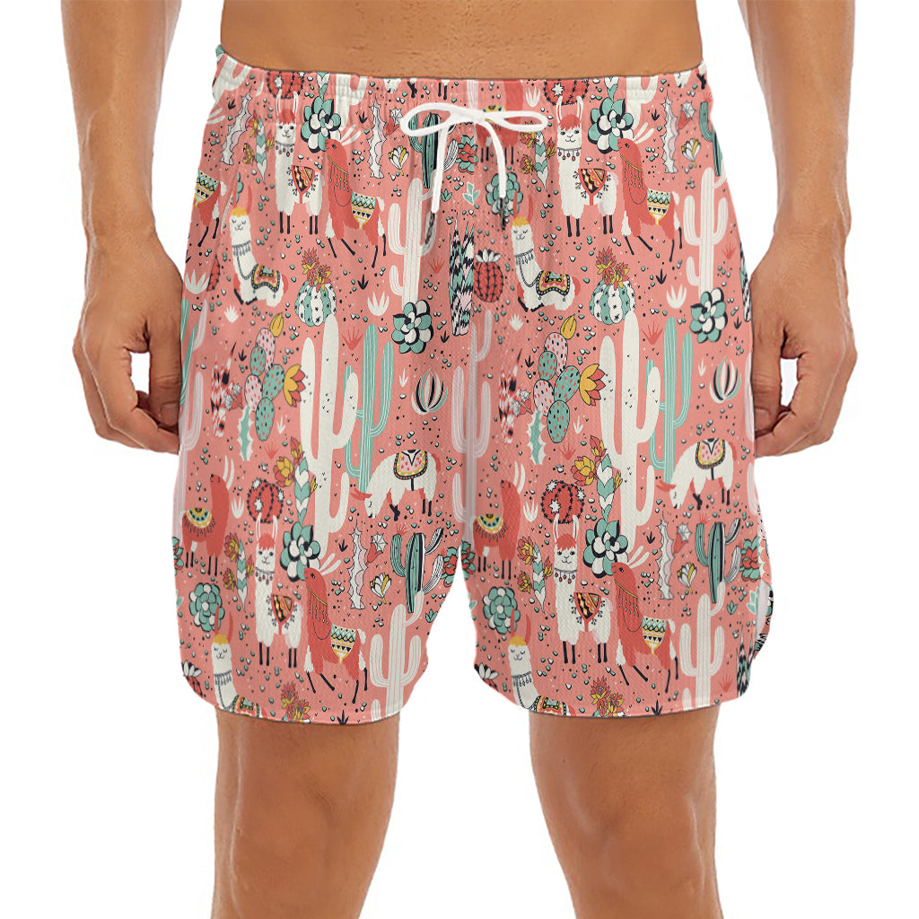 Happy Llama Pattern Print Men's Split Running Shorts