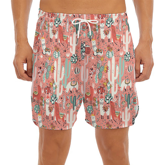 Happy Llama Pattern Print Men's Split Running Shorts