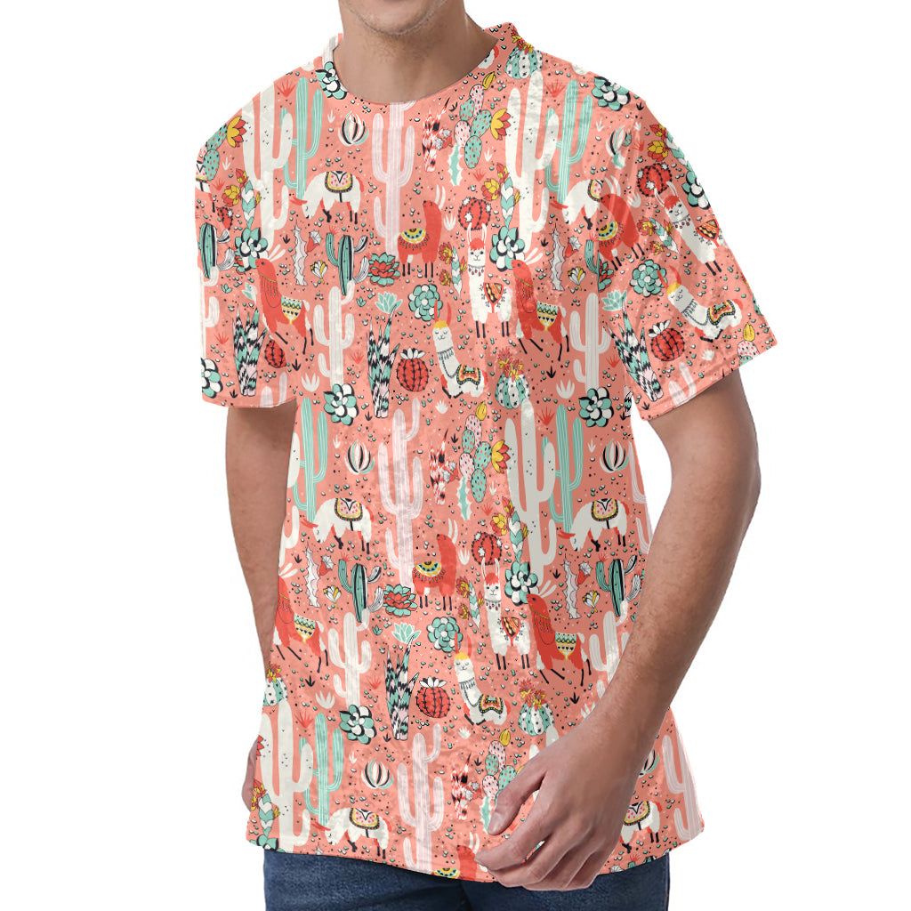 Happy Llama Pattern Print Men's Velvet T-Shirt