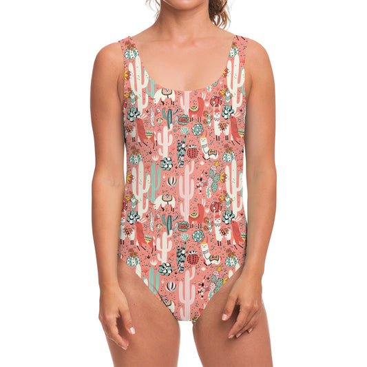 Happy Llama Pattern Print One Piece Swimsuit