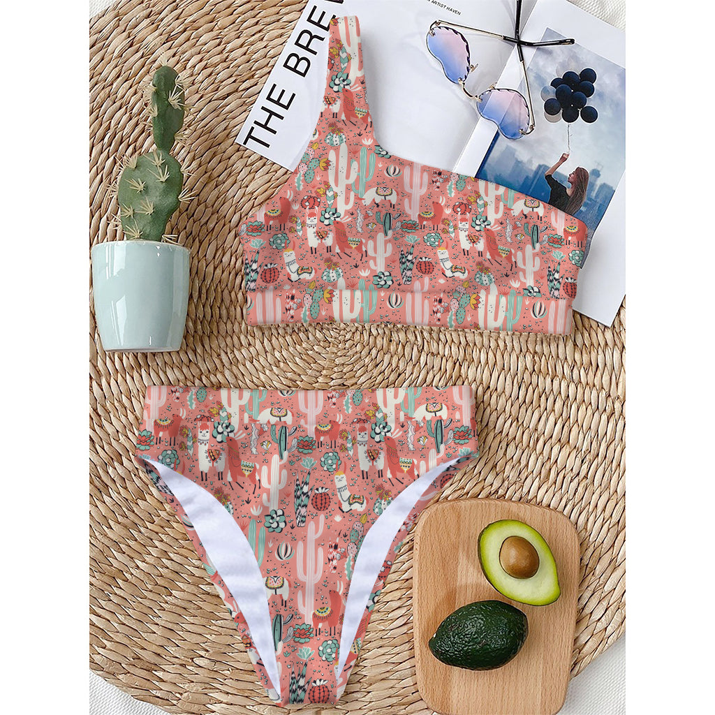 Happy Llama Pattern Print One Shoulder Bikini Top