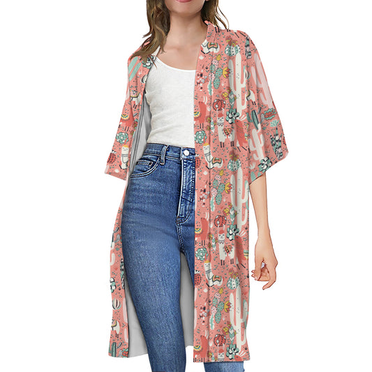 Happy Llama Pattern Print Open Front Beach Cover Up