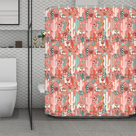 Happy Llama Pattern Print Polyester Shower Curtain