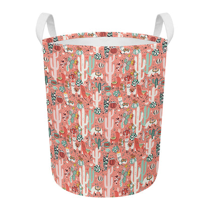 Happy Llama Pattern Print Round Laundry Basket