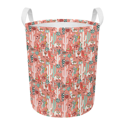 Happy Llama Pattern Print Round Laundry Basket