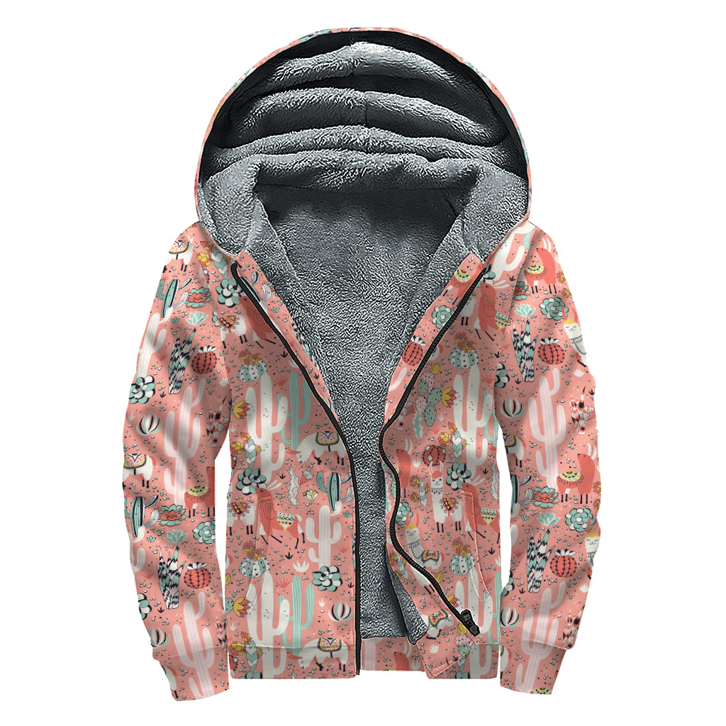 Happy Llama Pattern Print Sherpa Lined Zip Up Hoodie