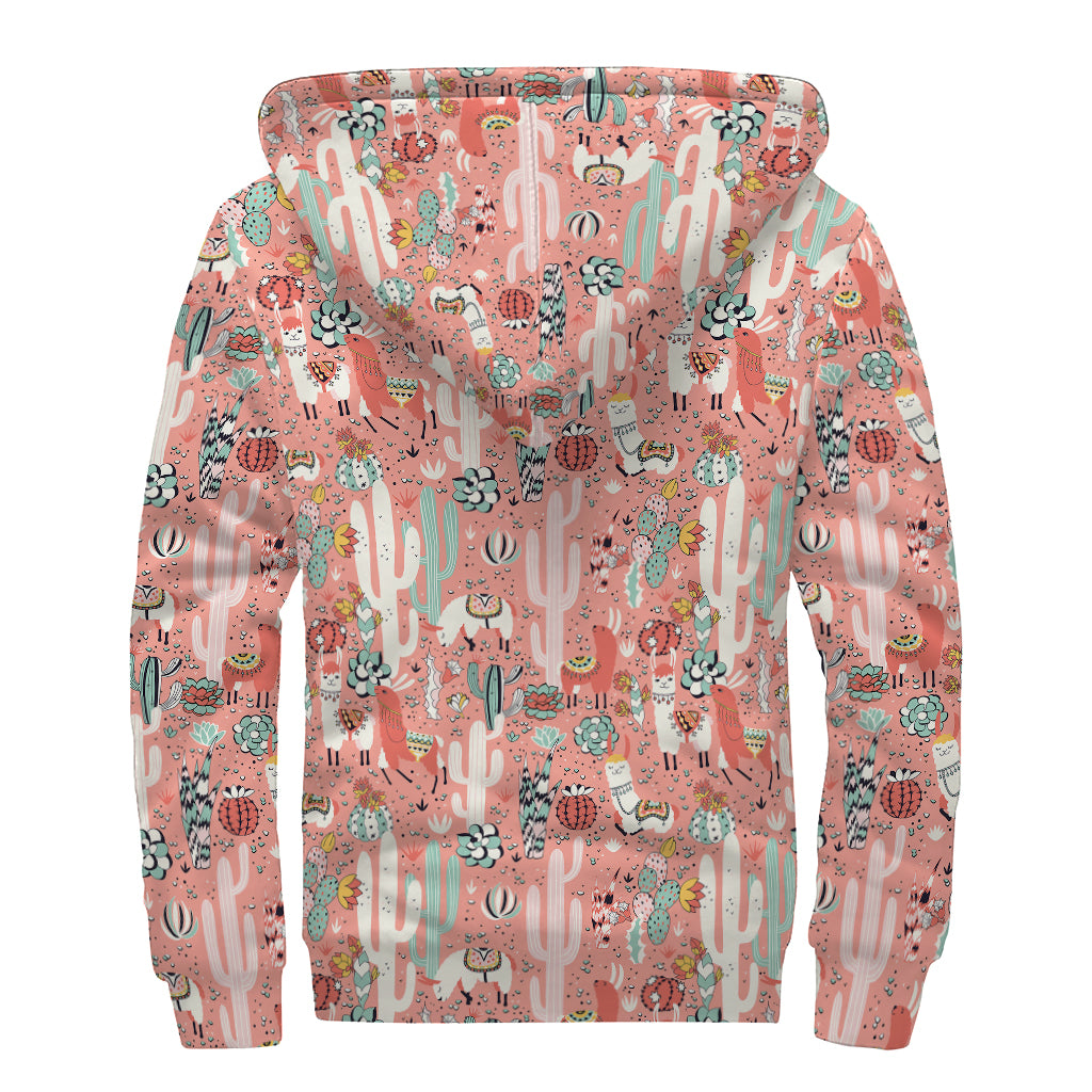 Happy Llama Pattern Print Sherpa Lined Zip Up Hoodie
