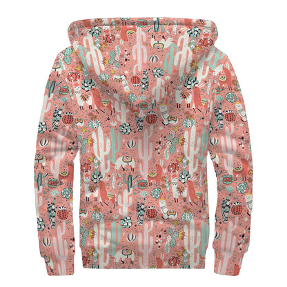 Happy Llama Pattern Print Sherpa Lined Zip Up Hoodie
