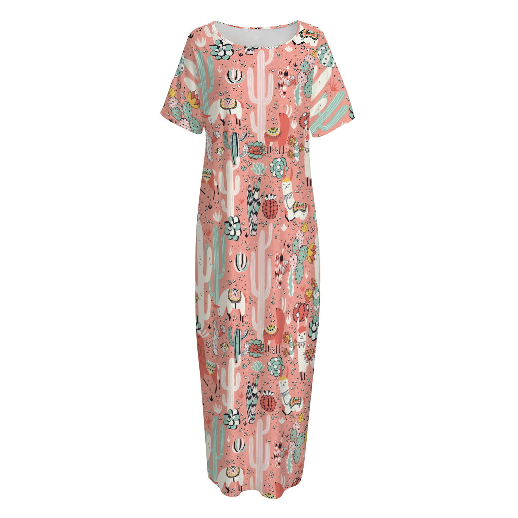 Happy Llama Pattern Print Short Sleeve Long Nightdress
