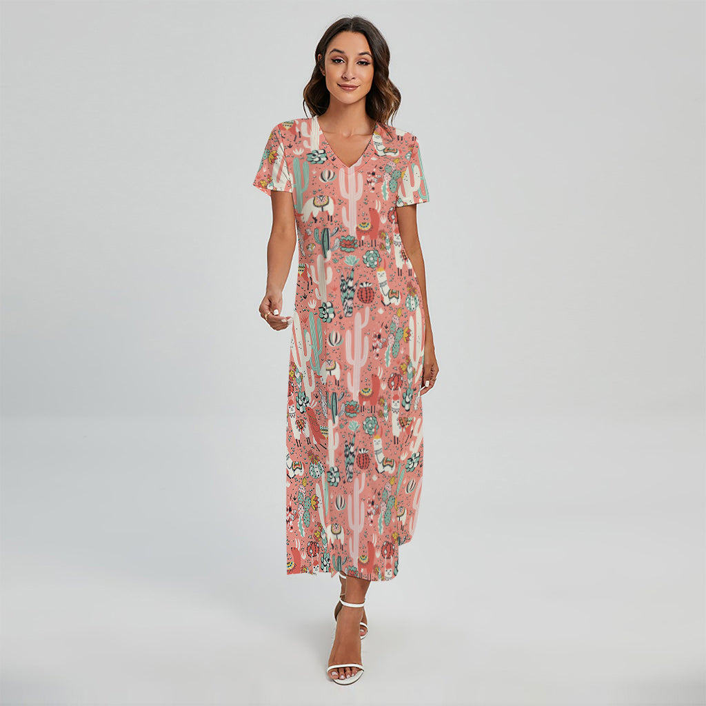 Happy Llama Pattern Print Short Sleeve Maxi Dress
