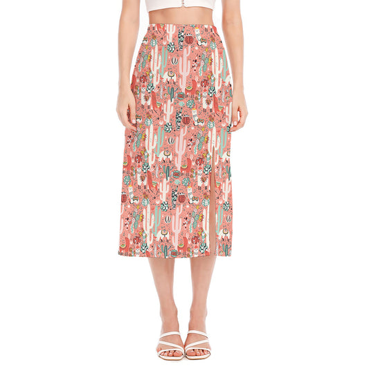 Happy Llama Pattern Print Side Slit Midi Skirt