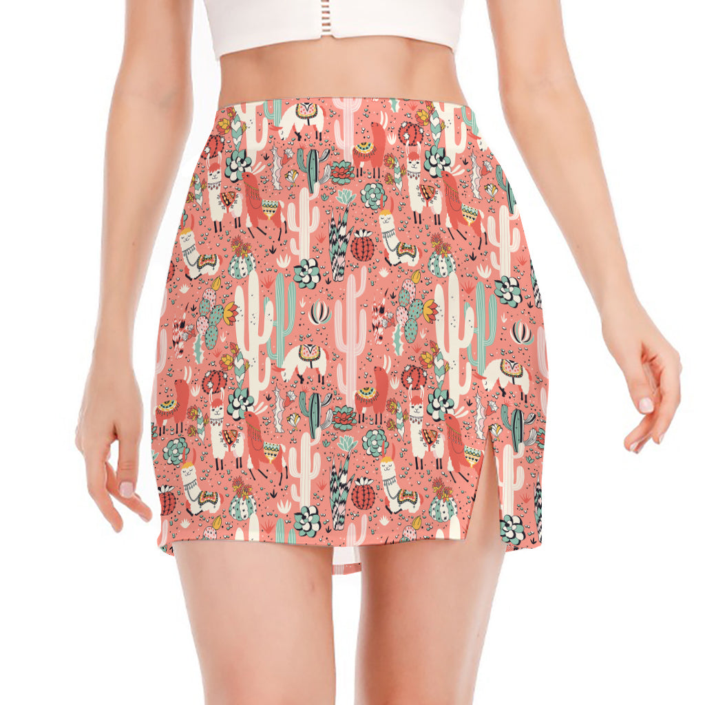 Happy Llama Pattern Print Side Slit Mini Skirt