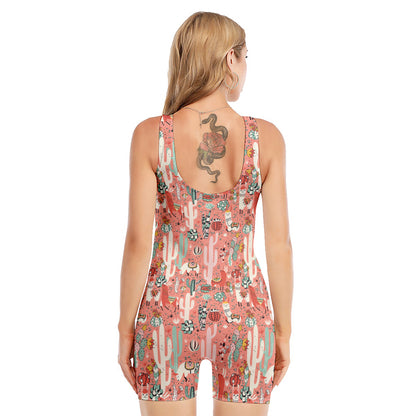 Happy Llama Pattern Print Sleeveless One Piece Swimsuit