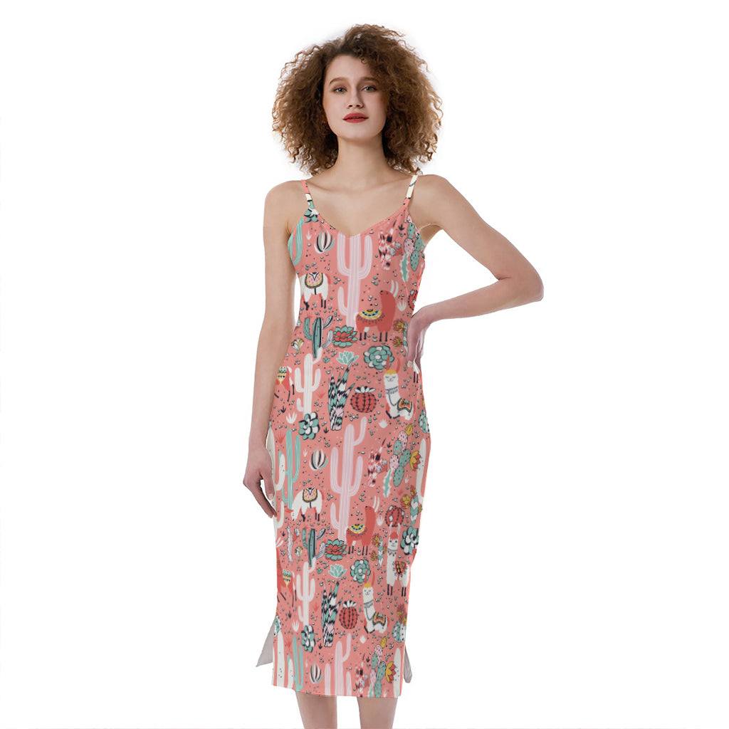 Happy Llama Pattern Print Slim Fit Midi Cami Dress