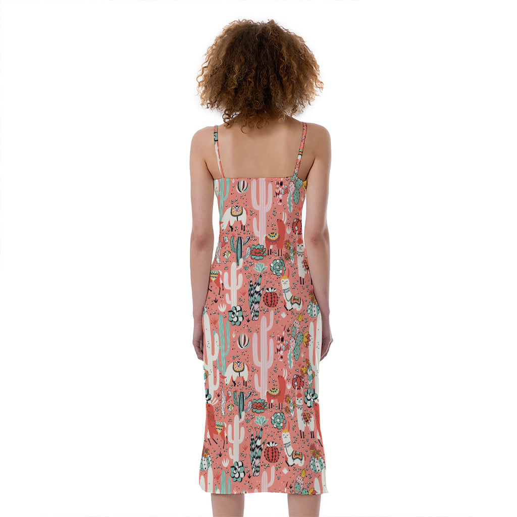 Happy Llama Pattern Print Slim Fit Midi Cami Dress
