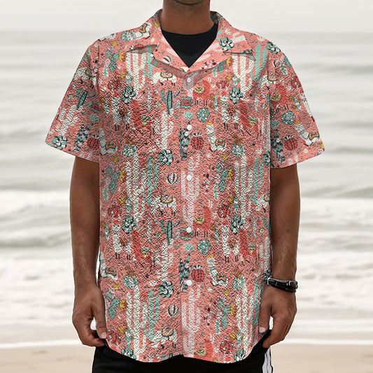 Happy Llama Pattern Print Textured Short Sleeve Shirt