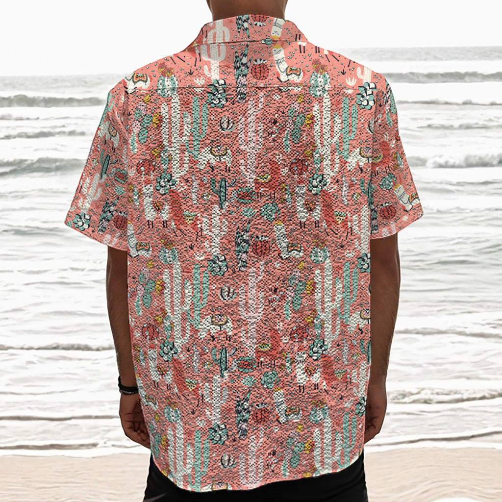 Happy Llama Pattern Print Textured Short Sleeve Shirt